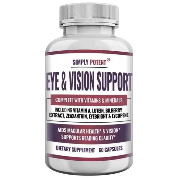 Simply Potent Eye Vitamins, Vision Supplements with Lutein, Zeaxanthin, Bilberry, Eyebright & Lycopene, 60 Capsules