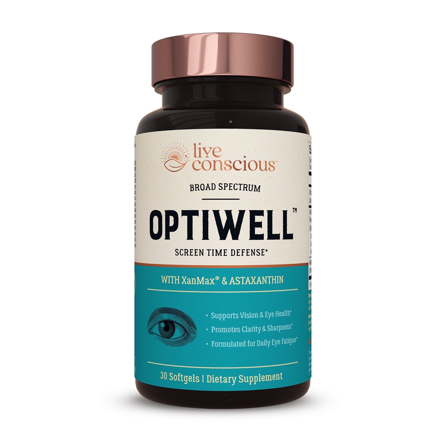 Eye Vitamins with Vitamin E, Lutein, and Astaxanthin - OptiWell by Live Conscious | Eye Health Supplement and Blue Light Blocker - 30 Softgels