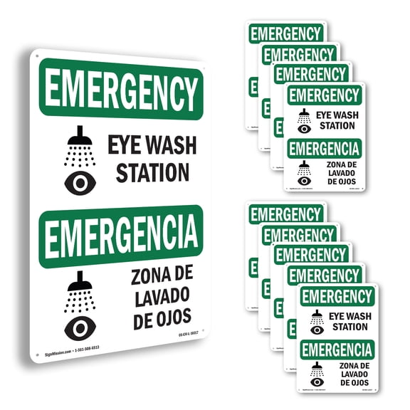 Eye Wash Station Bilingual OSHA Emergency Aluminum Sign 18 Inch x 12 Inch - 10 Pack