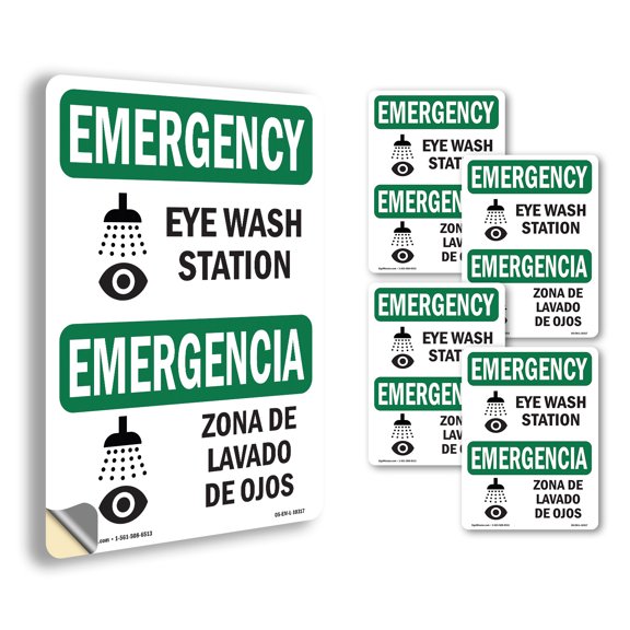 Eye Wash Station Bilingual OSHA Emergency Vinyl Decal Label 5 Inch x 3.5 Inch - 5 Pack
