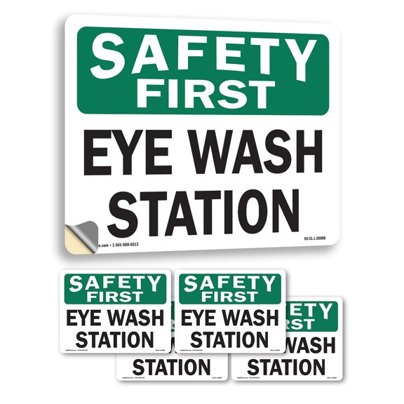 Eye Wash Station OSHA Safety First Vinyl Decal Label 5 Inch x 3.5 Inch - 5 Pack