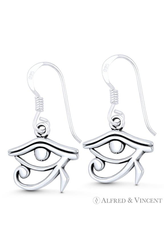Eye of Horus Egyptian Luck Charm Dangling Hook Earrings in Oxidized .925 Sterling Silver