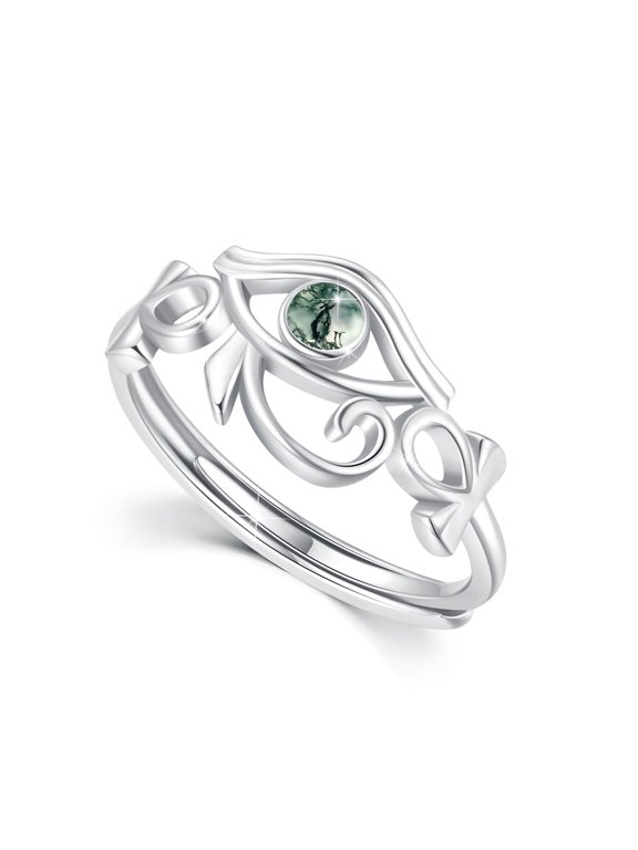 Eye of Horus Ring for Women 925 Sterling Silver Moss Agate Eye of Horus Adjustable Ring Egyptian Jewelry Gifts for Birthday Anniversary