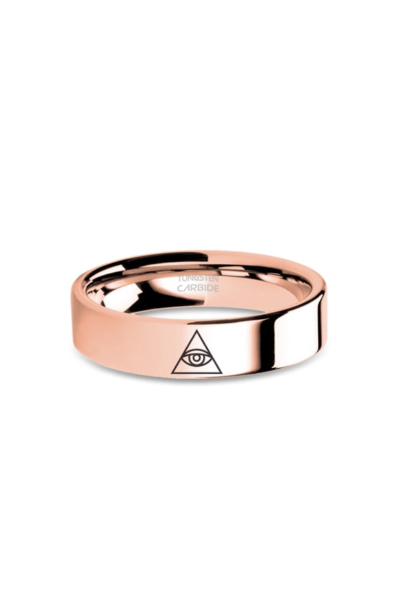Eye of Providence Masonic Eye Engraved Rose Gold Tungsten Ring, 6mm, Size 8.5