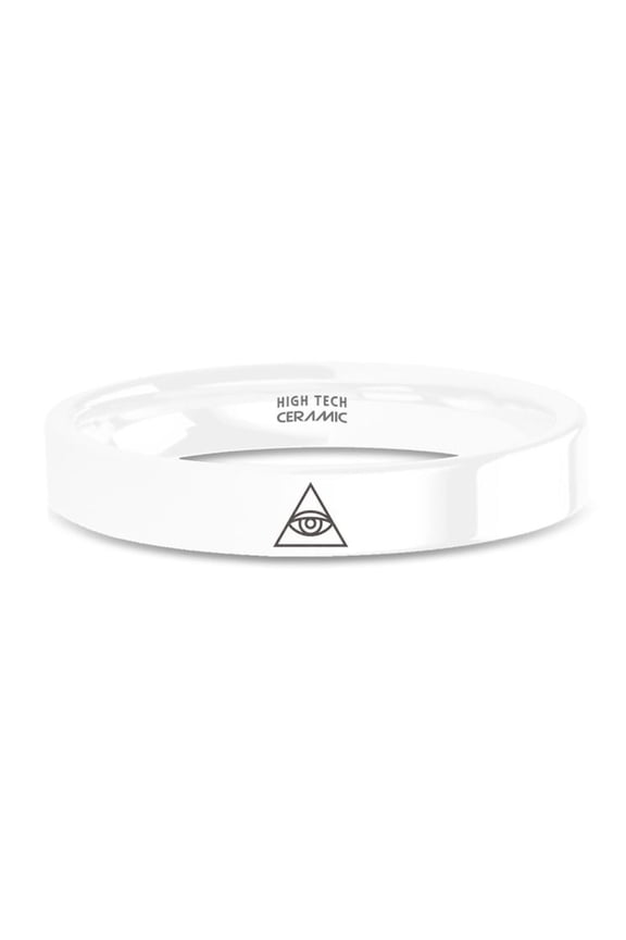 Eye of Providence Masonic Pyramid Engraved White Ceramic Ring, 4mm, Size 5