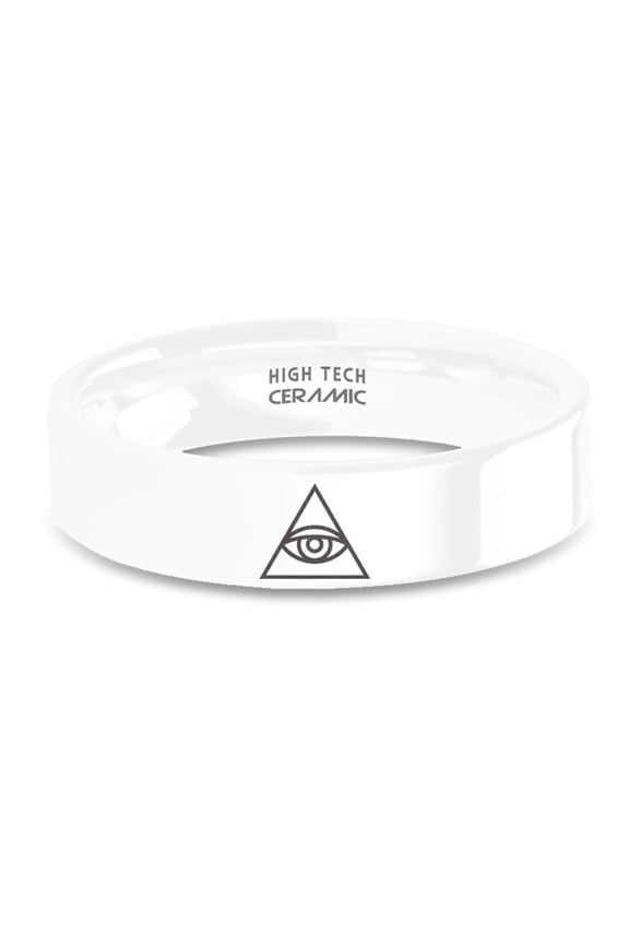 Eye of Providence Masonic Pyramid Engraved White Ceramic Ring, 6mm, Size 10