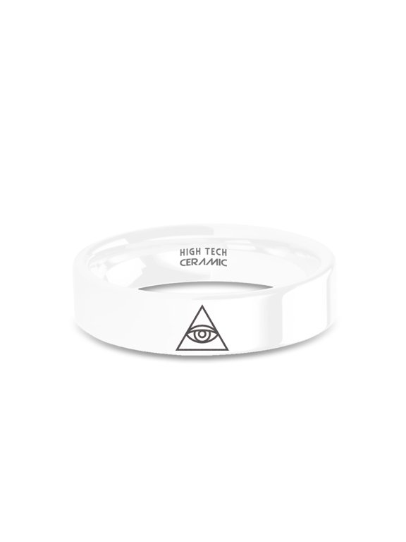 Eye of Providence Masonic Pyramid Engraved White Ceramic Ring, 6mm, Size 5