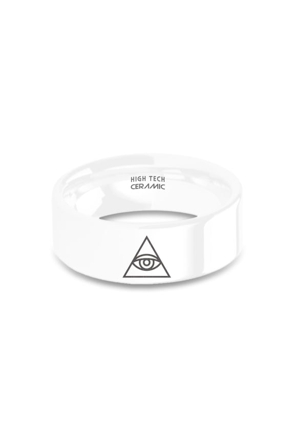 Eye of Providence Masonic Pyramid Engraved White Ceramic Ring, 8mm, Size 13.5