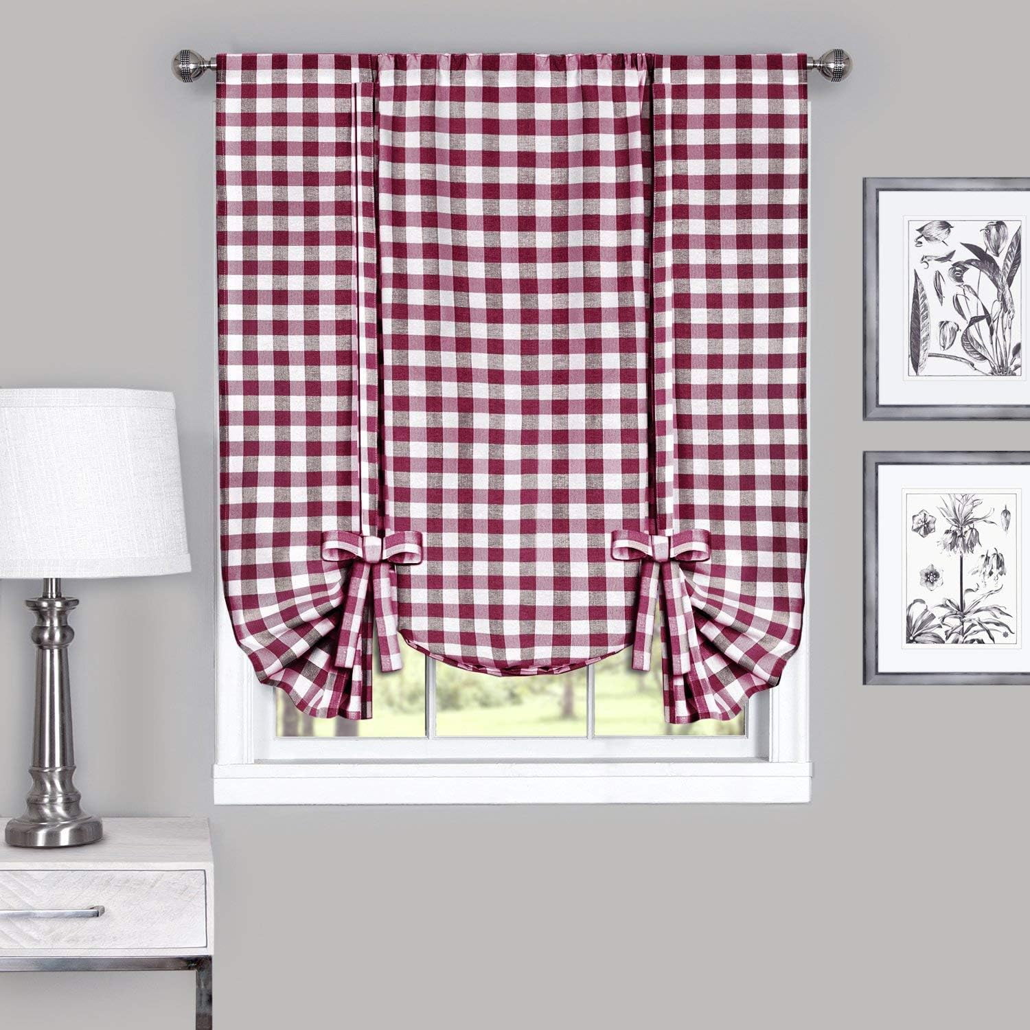 Burgundy and White Cotton Polyester Light Filtering Window Panel