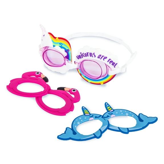 EyePop 3 Characters-in-1 Swim Goggle Set for Children, Multi-Color, Unisex, Unicorn, Narwhals, and Flamingo Characters