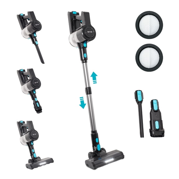EyeVac Reach 6-in-1 Cordless Stick Vacuum, Lightweight Powerful Suction for Hard Floors & Rugs - Black w/ Turquoise