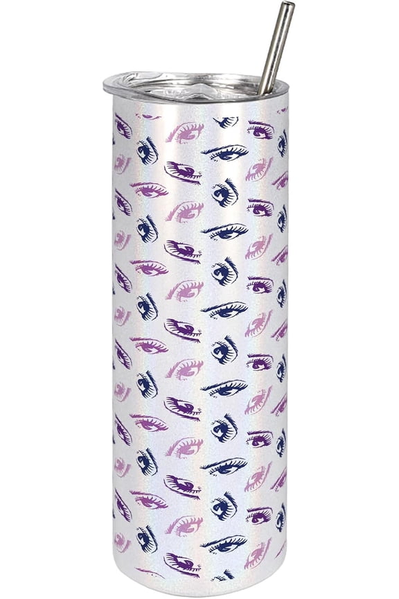 Eyeball 20 Oz Skinny Tumbler, Feminine Themed Pattern with Woman Eyes Lashes and Bows, Leak-Proof Straw Lid and Brush Vacuum Insulated for Outdoor Use, Navy Blue Purple