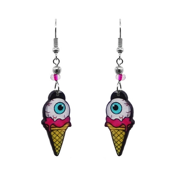 Eyeball Ice Cream Cone Graphic Dangle Earrings - Weird Fashion Handmade Jewelry Horror Themed Accessories