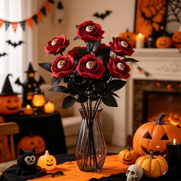 Eyeball Red Rose Leaf, Halloween Gothic Floral Pick, Spooky Faux Flower for Vase Haunted Decor, Creepy Bouquet for Wedding & Party Centerpiece