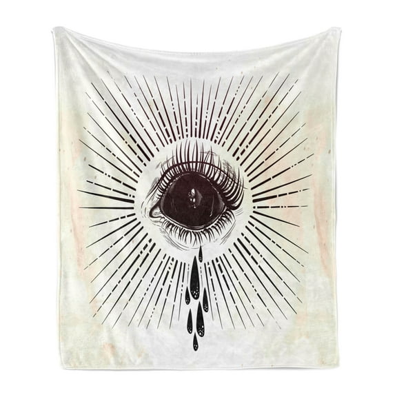 Eyeball Soft Flannel Fleece Throw Blanket, Motif with Tears and Starburst Stripes Grunge Style Composition Occult, Cozy Plush for Indoor and Outdoor Use, 50" x 60", Cream and Dark Brown, by Ambesonne
