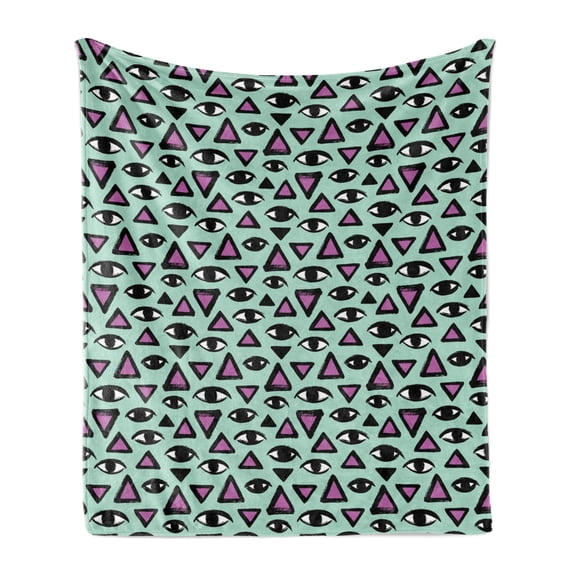 Eyeball Soft Flannel Fleece Throw Blanket, Triangles and Eyes on Pastel Background with Brush Strokes Occult, Cozy Plush for Indoor and Outdoor Use, 70" x 90", Mint Green Black, by Ambesonne