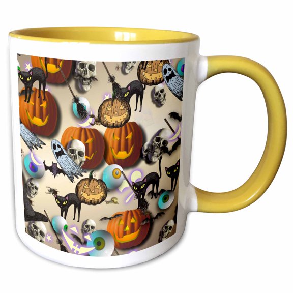 3drose, Eyeballs and Skulls and Pumpkins Artwork, 11oz Two-tone Yellow Mug