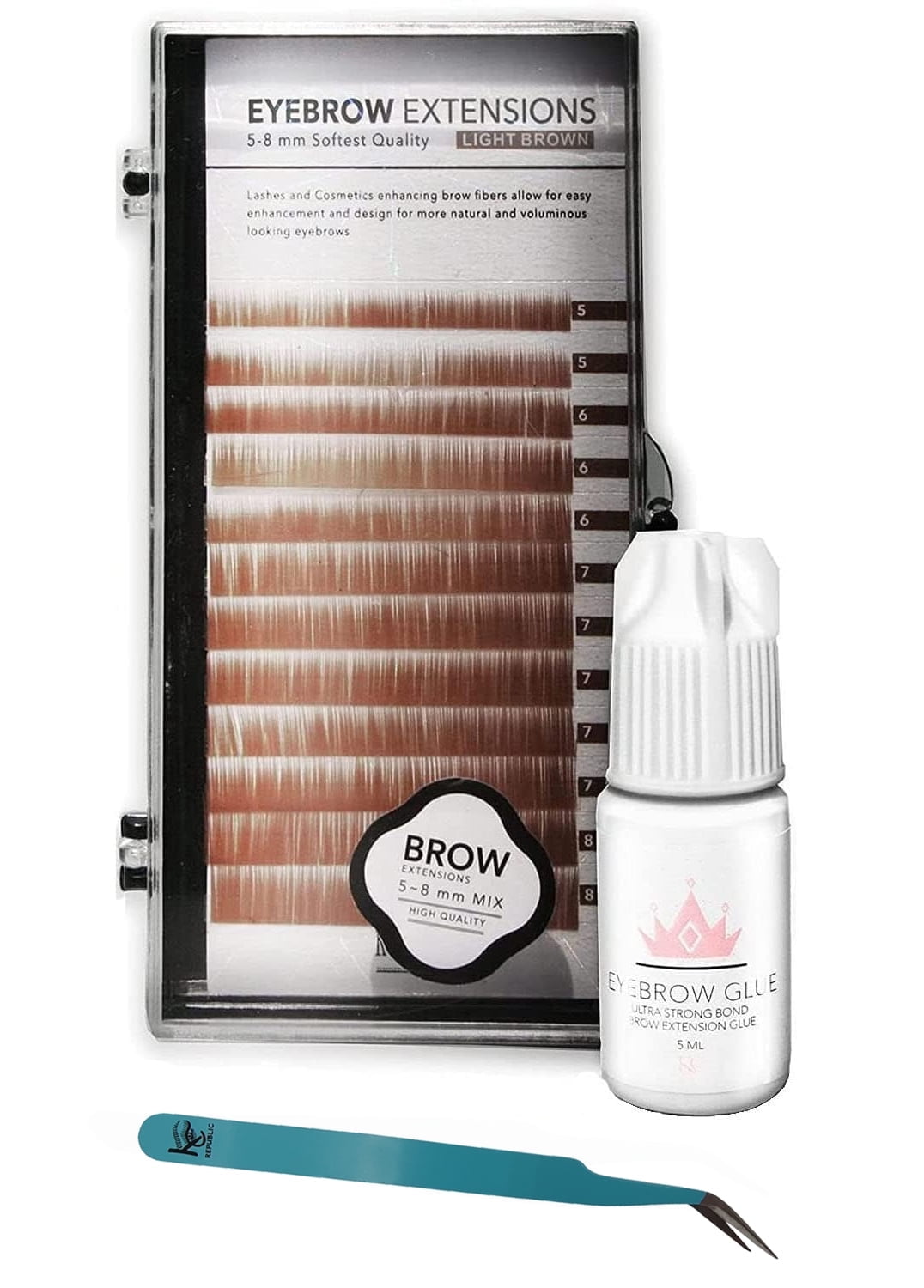 Eyebrow Extensions Kit with 1 x Trays of Mink Eyebrows in Blonde/Light Brown Comes on Mixed Length Trays 5-8 mm Mix, Eyebrow Extension Glue Clear & Extension Tweezers (Light Brown, Turquoise Tweezer)