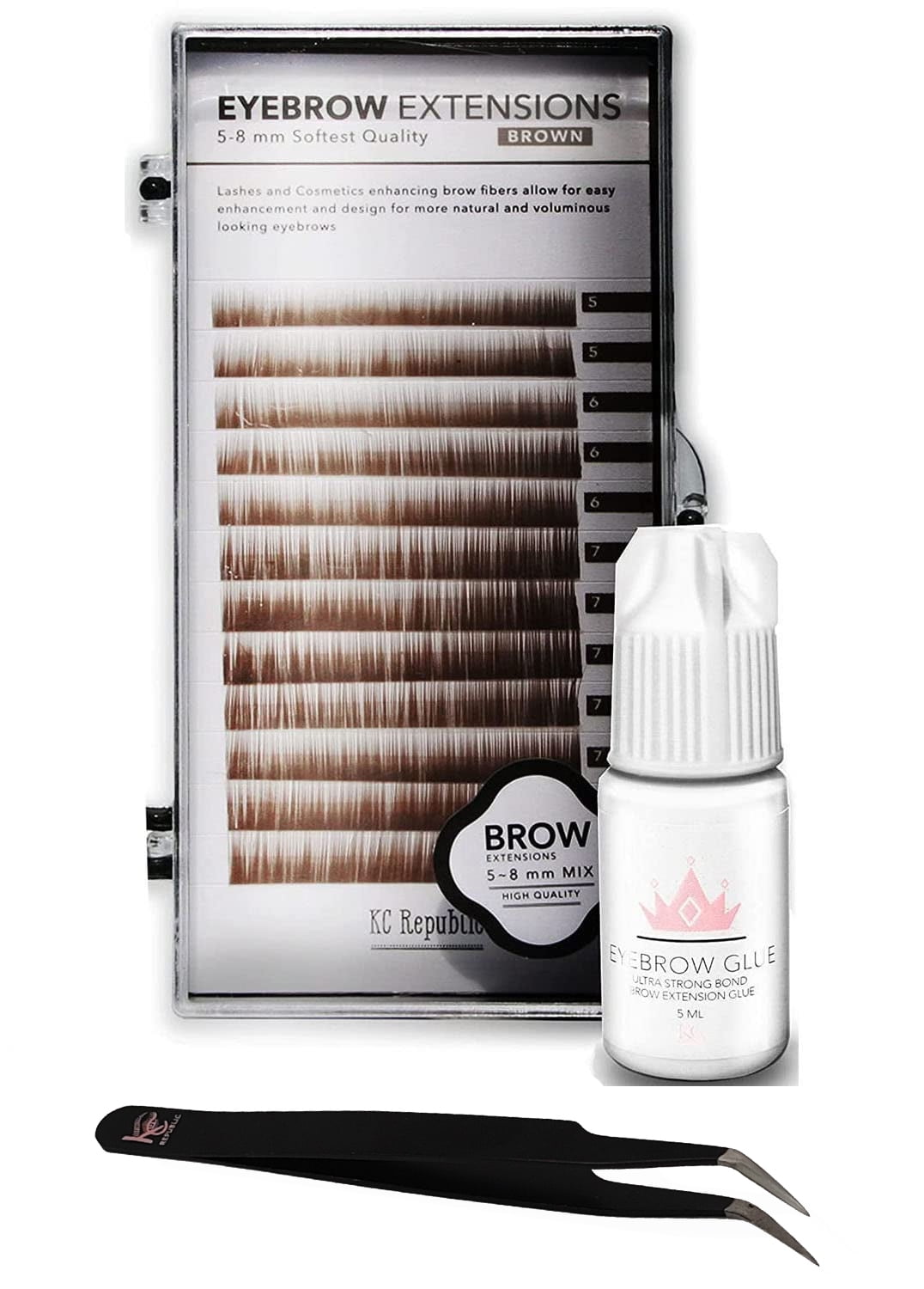 Eyebrow Extensions Kit with 1 x Trays of Mink Eyebrows in Brown Comes on Mixed Length Trays 5-8 Mm Mix, Eyebrow Extension Glue Clear & Extension Tweezers by Kc Republic (Brown, Black Tweezer)