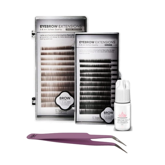Eyebrow Extensions Kit with 2 Trays of Mink Eyebrows in Black and Dark Brown, Eyebrow Glue Clear & Extension Tweezers, Comes on Mixed Length Trays 5-8 mm Mix (Black & Dark Brown, Violet Tweezer)