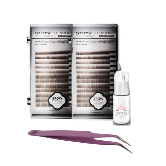 Eyebrow Extensions Kit with 2 Trays of Mink Eyebrows in Dark Brown, Eyebrow Glue Clear & Extension Tweezers, Comes on Mixed Length Trays 5-8 mm Mix (Dark Brown 2-Pack, Violet Tweezer)