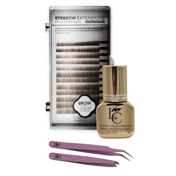 Eyebrow Extensions Premium Kit with 1 x Trays of Mink Eyebrows in Dark Brown Comes on Mixed Length Trays 5-8 Mm Mix, Eyebrow Premium Glue Clear & Dual Pack (Straight & Curved Tip) Extension Tweezers