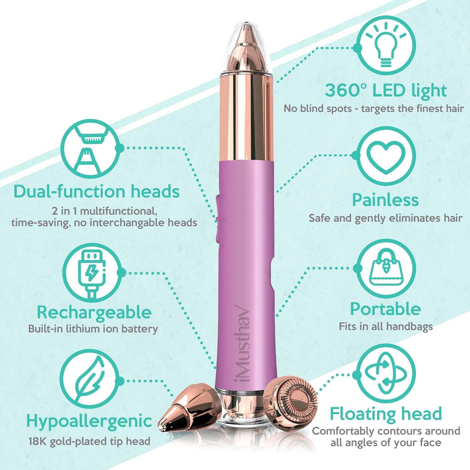 Eyebrow & Facial Hair Removal for Women, 2 in 1 Rechargeable Eyebrow Trimmer & Face Shaver, Painless Flawless Electric Facial Eye brow Razors Epilator with Built-in LED Light 18K Gold-Plated