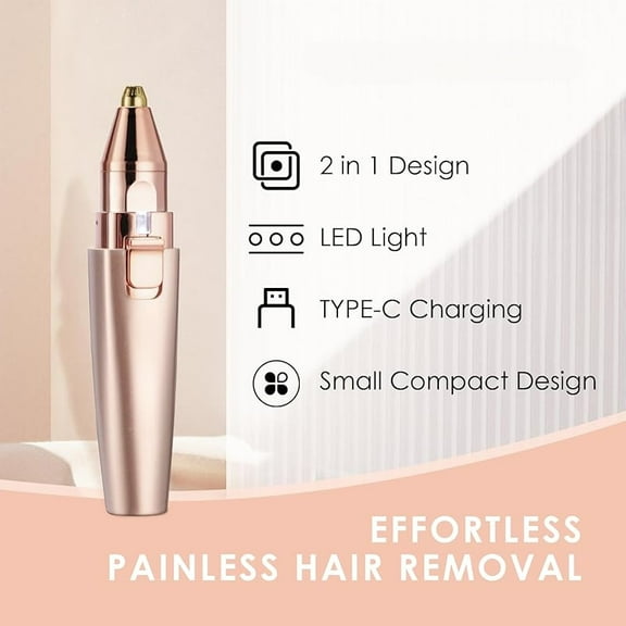 Eyebrow & Facial Trimmer: 2 in1 Rechargeable Facial Hair Removal & Eyebrow Shaver - Body Razor with Built-in LED Light (Rose Gold)