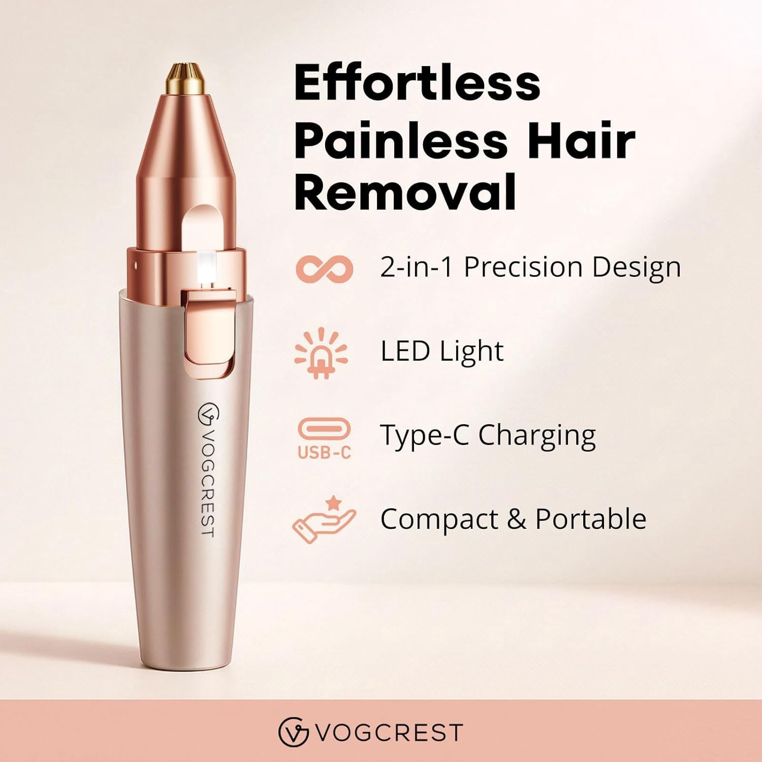 Eyebrow & Facial Trimmer: 2 in1 Rechargeable Facial Hair Removal & Eyebrow Shaver - Body Razor with Built-in LED Light (Rose Gold)
