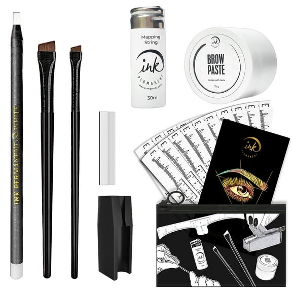 Eyebrow Mapping Set includes 30m White Mapping String, 15g White Brow Paste & 2 BRUSHES, White Eyebrow Mapping Pencil, Pencil Shaper & Blades, 20 Mapping Ruler Stencils & Instructions