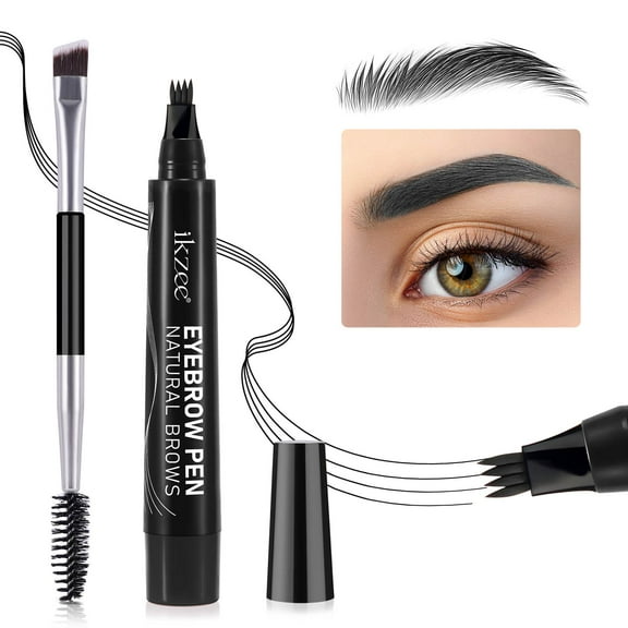 Eyebrow Pen for Women with 4 Fork Tip & Spoolie Brush for Natural-Looking Hair-Like Defined Brows, Last All-Day - Black