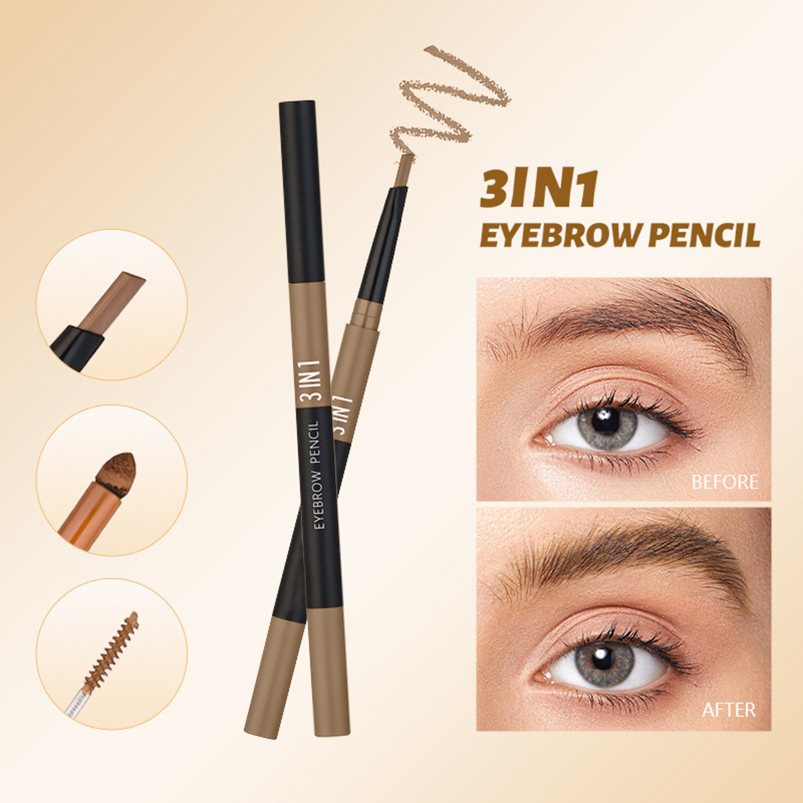 Eyebrow Pencil Retractable Soft Textured Long Wearing 2024 Three In One Double Head Triangular