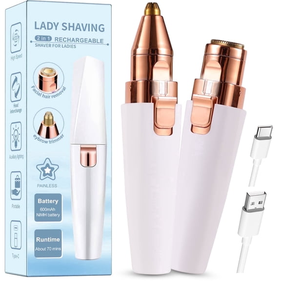 Kroaya 2-in-1 Electric Epilator for Women, Lipstick Design Painless Hair Remover & Eyebrow Trimmer, USB Rechargeable Portable Travel Grooming Kit