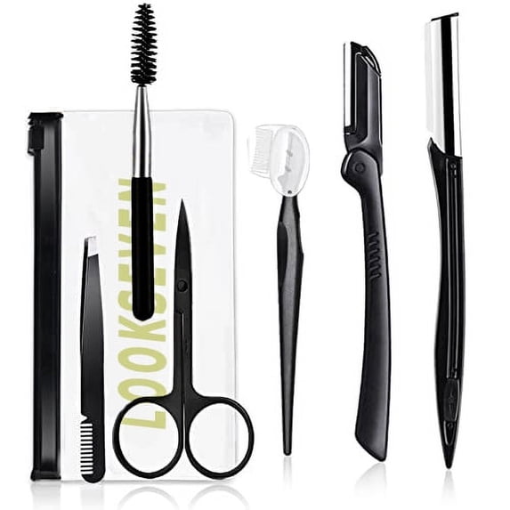 Eyebrow Razor Kit, 6 in 1 Professional Eyebrow Grooming Set for Women and Men, Including 3 Eyebrow Razors Trimmer,1 Tweezer,1 Scissor,1 Eyelashes Roller,1 Storage Bag