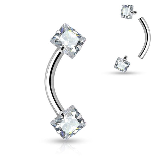 Eyebrow Ring Curved Barbell Internally Threaded Square Prong Set CZ Gem 16G