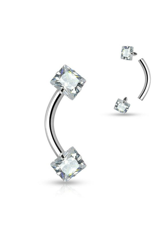 Eyebrow Ring Curved Barbell Internally Threaded Square Prong Set CZ Gem 16G