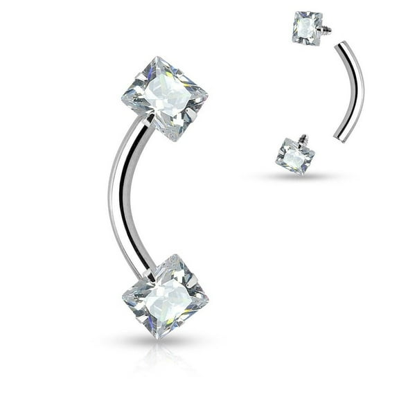 16G Curved Barbell Eyebrow Ring - Internally Threaded with Square Prong Set CZ Gem, Surgical Steel Body Jewelry