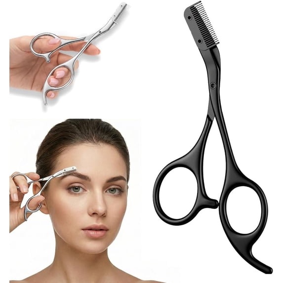 Eyebrow Scissors with Comb for Precision Trimming, Stainless Steel Brow Cutter and Shaper, Black