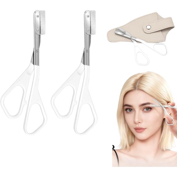 Eyebrow Trimmer Scissor,Upgraded Stainless Steel Professional Eyebrow Trimmer Eyebrow Scissors with Comb Eyebrow Trimmer, Eyebrow Scissors Set for Men Women (White 2 Pcs)