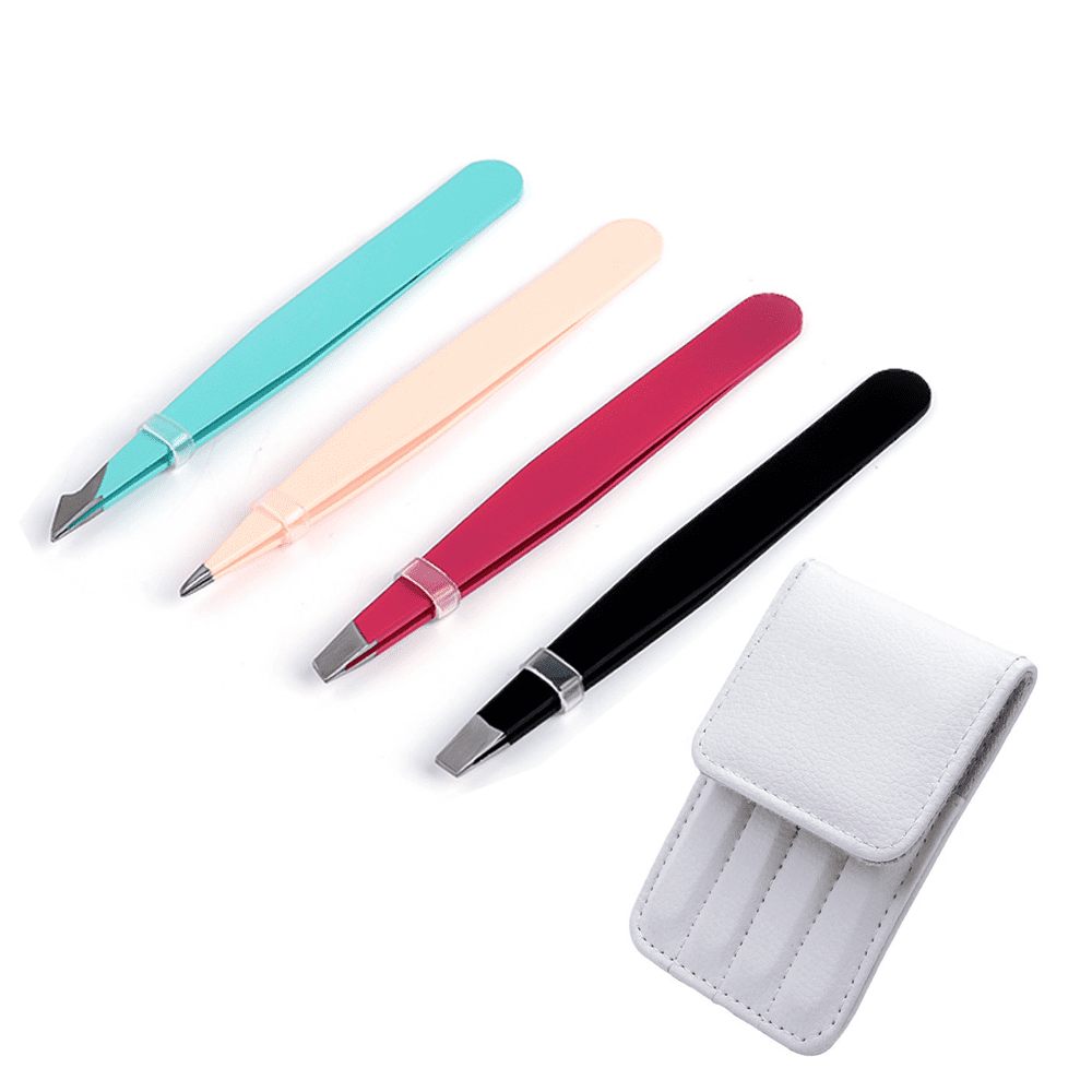 Eyebrow Tweezer Set, 4 Pcs Tweezers Set for Women, Precision Tweezer for Eyebrows with Curved Scissors for Ingrown Hair, Hair Plucking Daily Beauty Tools with Leather Travel Case