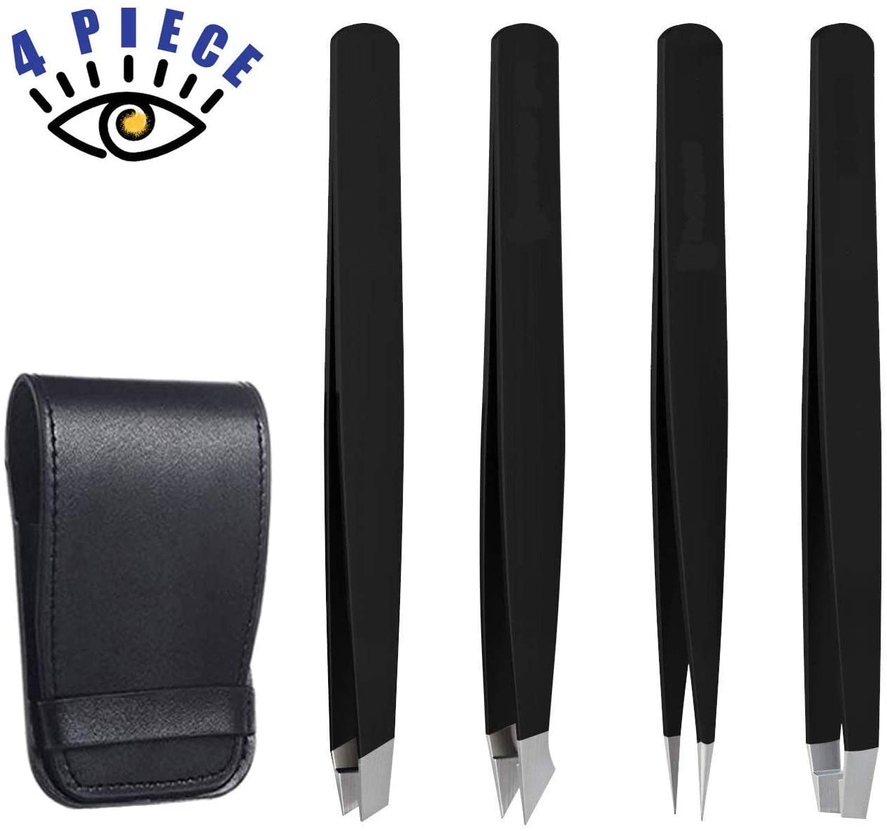 Eyebrow Tweezer Set with Travel Case,4-Piece Daily Beauty Tools for Hair Removal, Best Precision (Black)