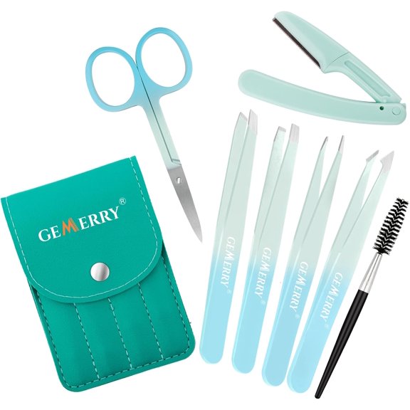 Eyebrow Tweezers Set, 7 Pcs Lash Tweezers for Women, Precision Tweezer for Eyebrows with Curved Scissors and Eyebrow Razor and Lashes Brush for Ingrown Hair Stainless Steel Eyelash Tweezers