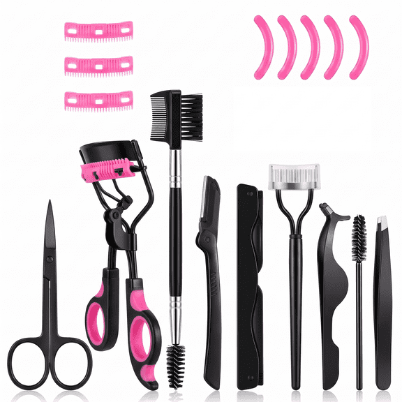 9 PCS Eyelash Curler Kit for Women, Lash and Brow Grooming Set with Eyelash Curler, Comb Separator, Mascara Brushes, Eyebrow Razors, Lash Applicator, Tweezers, Scissors, 5 Refill Pads and 3 Comb