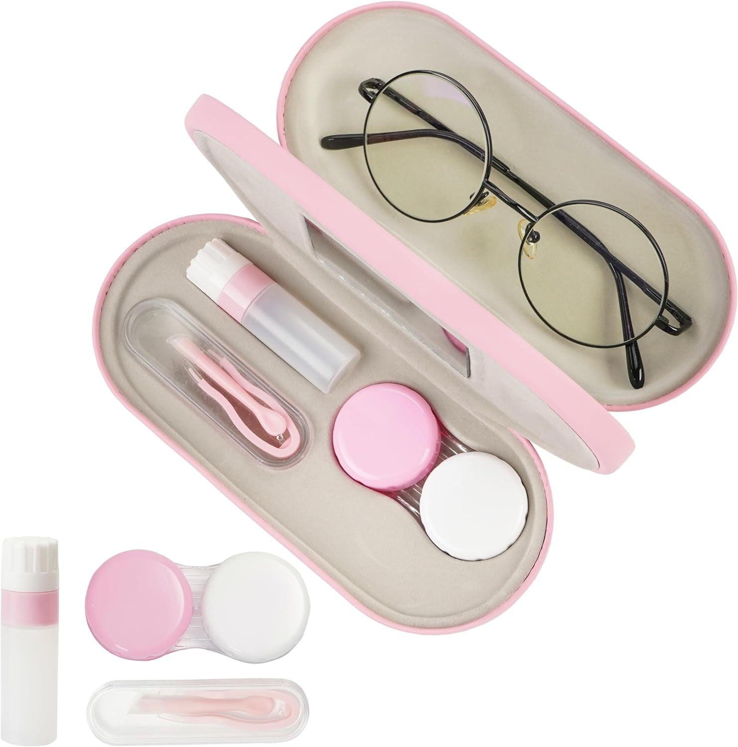 Eyeglass Case, 2 in 1 Contact Lens Case and Glasses Case,Double Sided Dual Use Design, Durable Lens Case Leak Proof \u0026 Portable,Tweezer and Contact Lens Solution Bottle Included for Travel Kit (Pink)