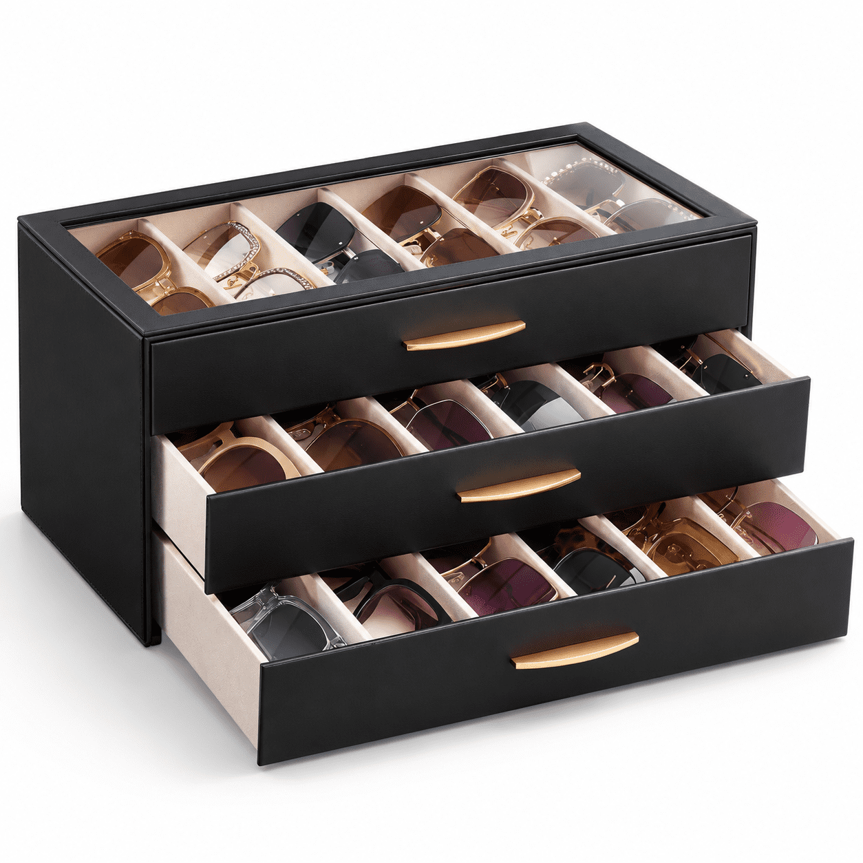 Spectacule Case Eyeglass Case Organizer, Black, 18 Slots, 3 Layers, Drawer-style ...