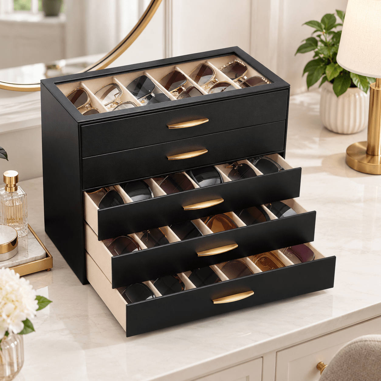 Spectacule Case Eyeglass Case Organizer, Black, 30 Slots, 5 Layers, Drawer-Style ...