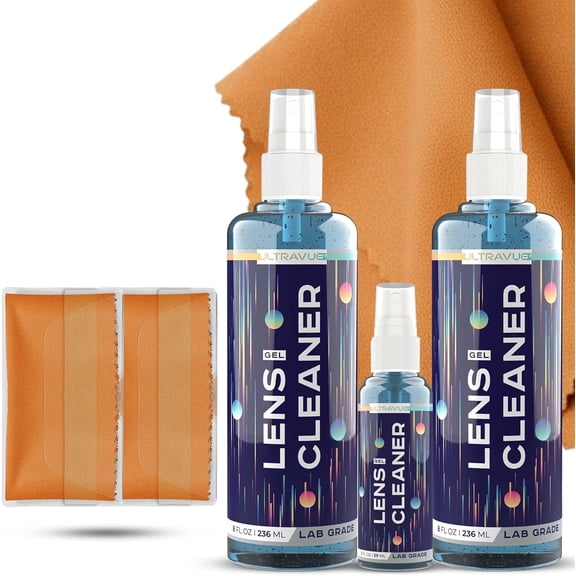 Eyeglass Gel Lens Cleaner Spray Kit - 2 x 8oz and 1 x 2oz Gel Eyeglasses Cleaner Spray Bottle + 2 Microfiber Cloth for Cleaning - Safe for All Lenses (AR Coated Included)
