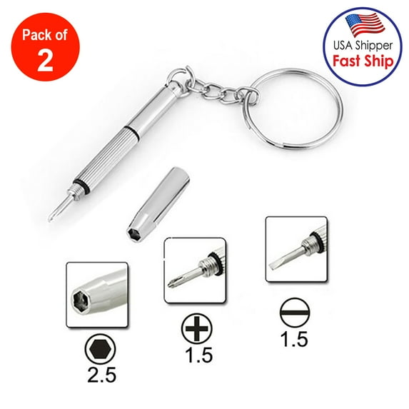Keychain eyeglass screwdriver, 2PCS/Set 3 in 1 Aluminum Steel Eyeglass Screwdriver Sunglass Watch Repair Kit With Keychain Portable Hand Tools, eyeglass repair - Cross 1.5, Straight 1.5,Star Nut M2.5