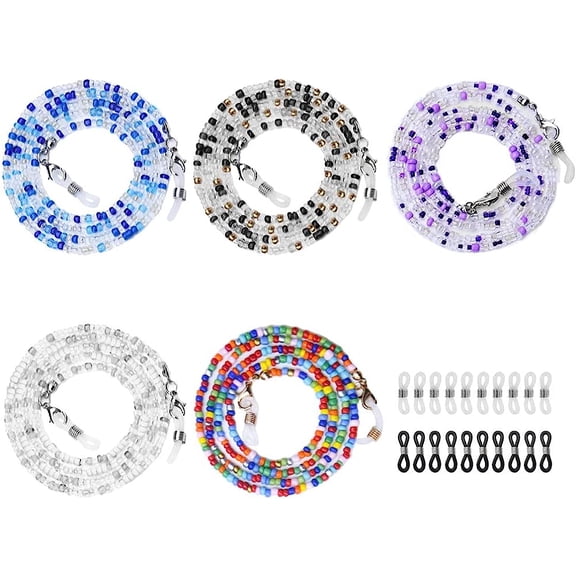 Eyeglasses Chain, 5 Pack Glasses Chain Non-Slip Spectacle Chain with 10 Pair Ear Hooks, Colorful Beaded Sunglasses Chain Lanyard Eyewear Retainer, Eyeglass Strap Holder for Women Reading Sports