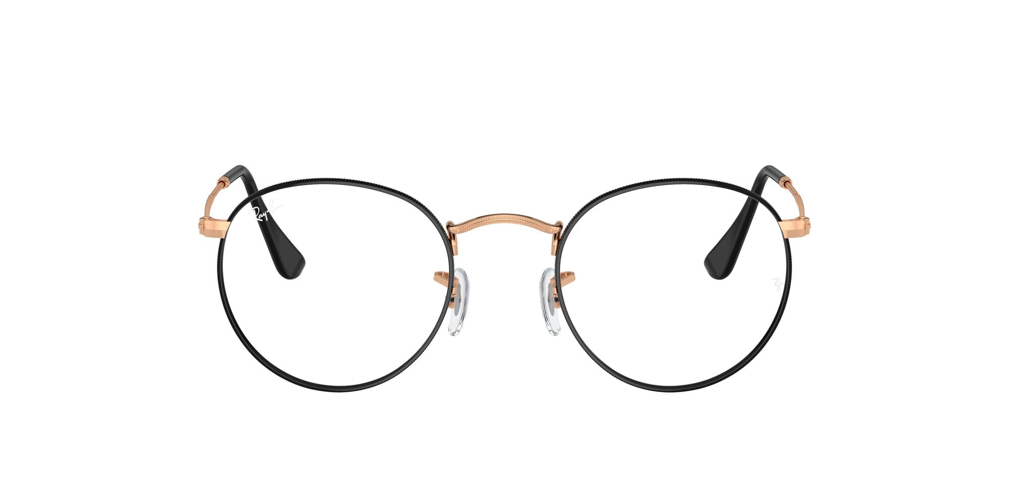 Ray-Ban Unisex Size 50 Round Metal Prescription Eyeglasses, Polished Black on Rose Gold/Demo Lens